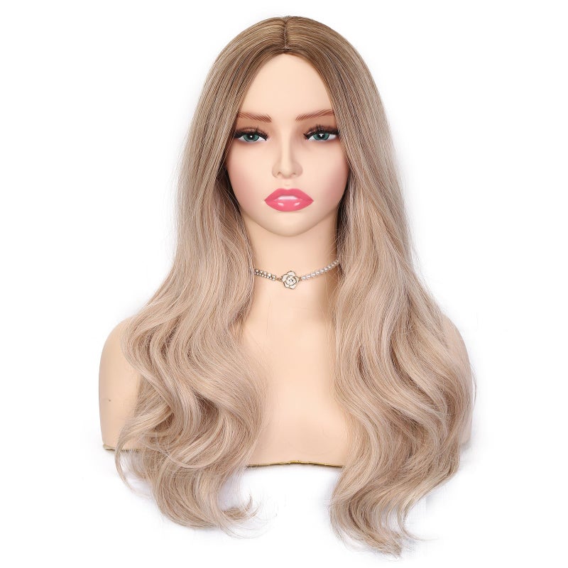 Lady Miranda Blonde Wigs for White Women Brown to Ash Blonde Natural Looking High Density Heat Resistant Synthetic Hair Weave Full Wigs for Women Middle Part Long Ombre Blonde Wavy Wig (T/Ash Blonde) - Image 2